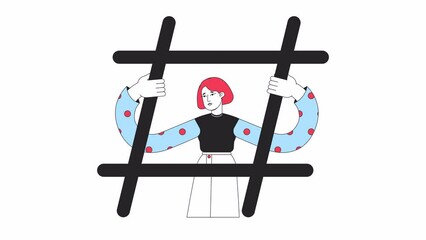 Wall Mural - getting hashtaged animation. animated girl stuck in hashtag 2d cartoon flat colour line character. s