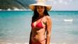 © Jonas - Smiling Woman in Red Bikini and Hat, Enjoying Tropical Island Paradise AI-Generated