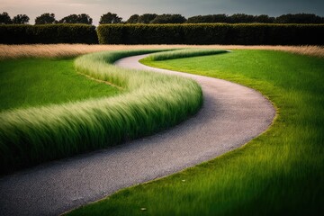 Poster - Serene Pathway through a Verdant Green Fiel. Generative AI