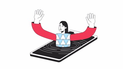 Wall Mural - cell phone obsession animation. animated smartphone addicted girl 2d cartoon flat colour line charac
