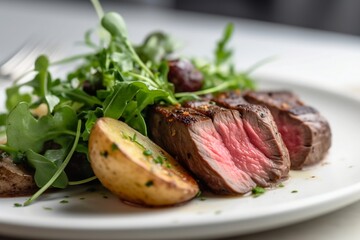 medium-rare steak with a side of golden roasted potatoes and a vibrant green salad