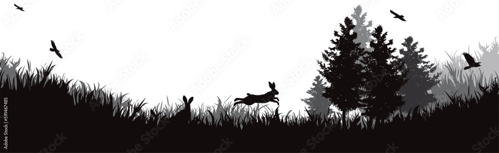 Vector silhouette of jumping hare in a forest. Stock Vector | Adobe Stock