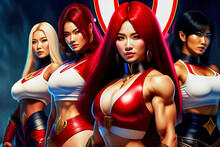A Group Of Sexy Young Adult Women With Toned Biceps And Muscular Anime Figures.made With Generative AI