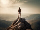 Fototapeta Natura - A woman standing tall and confident on top of a mountain peak