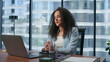 © stockbusters - Business consultant greeting clients video call closeup. Director using laptop