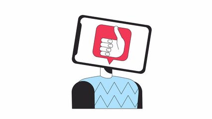 Wall Mural - social media addictive animation. animated tablet head 2d cartoon flat colour line character. cravin