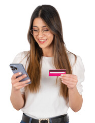 Wall Mural - happy smiling girl  online payment concept. Holding credit card and mobile phone. Making easy money transfer. Isolated white background. Copy space. Studio shot. Transparent png.