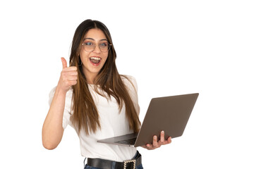 Happy excited woman holding laptop. Newest notebook in her hand, showing thumb up. Approval, recommend concept advertising idea. Using computer, shopping, web surfing. Transparent, png image.