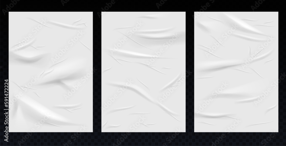 Wet Paper Files Glued paper wrinkled effect, vector realistic background. White wet ...