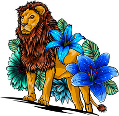 Poster - lion with flower vector illustration design on white background. digital hand draw