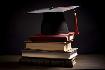 Wall Mural - Graduation cap and gown at the top of tall textbooks stack, the symbol of wisdom. AI generative image