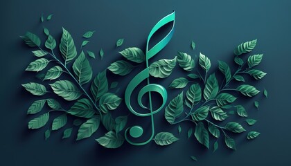 Wall Mural - Image of a musical note with green leaves on a blue backdrop. Generative AI