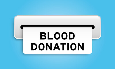 Sticker - White coupon banner with word blood donation from machine on blue color background