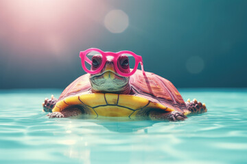 Happy turtle having fun at summer holidays in a swimming pool. Generative AI