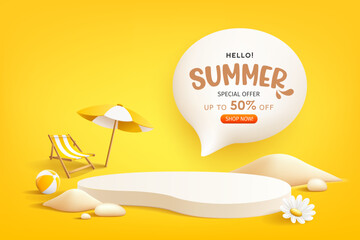 Summer podium display, pile of sand, flowers, beach umbrella, beach chair and beach ball, speech bubble space poster design, on yellow background, EPS 10 vector illustration
