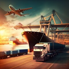 Canvas Print - Cargo ship in the port.Transportation and logistics of cargo planes and ships using truck containers.  generative ai