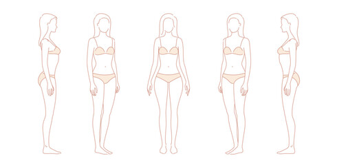 Woman body. Full-length standing portrait. Set of body-positive female. Five angles figure front, 3 of 4, side views shape. Vector fashion silhouette outline line illustration