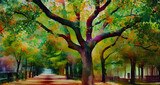 Fototapeta  - Autumn In A Park With Paths And Benches Eco Earth Day Concept