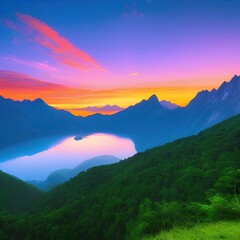 Mountain and lake landscape in sunset - generative ai