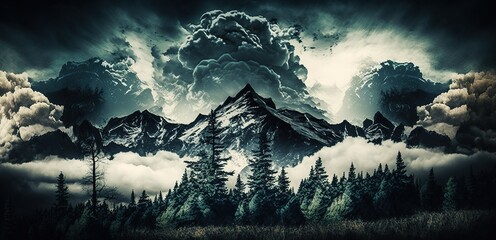 Wall Mural - gorgeous foggy sky with a backdrop of a mountain forest Generative AI