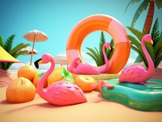 3D summer colorful artwork with tropical fruits and ice cream. Generative AI