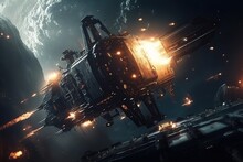 Space Ships In Battle. Ai Art. Sci-fi Scene Of Space Ships Fight 