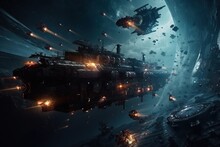 Space Ships In Battle. Ai Art. Sci-fi Scene Of Space Ships Fight 