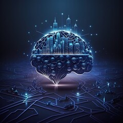 Brain in a background, Software developer using a tablet computer, large data, and a worldwide internet network. generative ai
