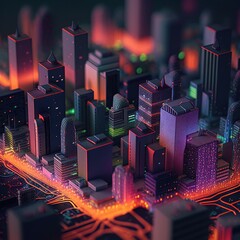 Canvas Print - High tech data network color grids over miniature cityscape. generative ai