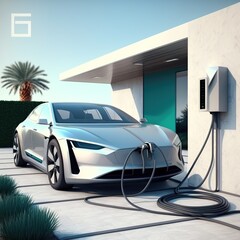 Wall Mural -  EV car at home charging station. generative ai