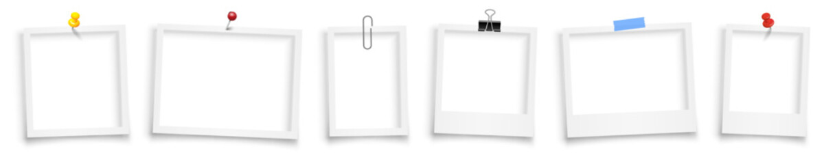 Fototapete - Empty white photo frame with shadows hung on a binder, adhesive tape, paper clip, pin. Set realistic photo card frame mockup - for stock