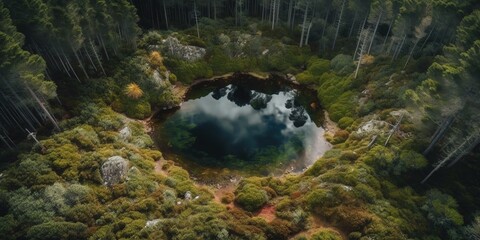 Sticker - View from the height of the forest and the lake in the middle of the forest.Aerial view. Panoramic shot. Generative AI