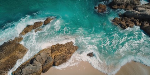 Poster - A beautiful picture of a rocky beach with a cliff from above.Aerial view. Panoramic shot. Generative AI