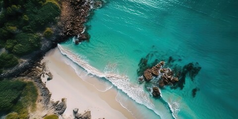 Sticker - A beautiful picture of a rocky beach with a cliff from above.Aerial view. Panoramic shot. Generative AI