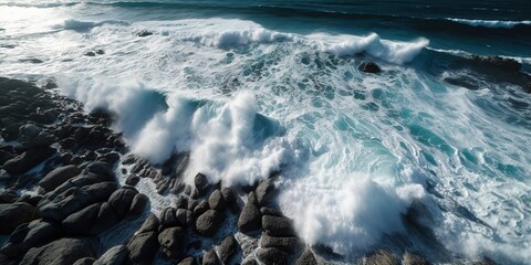 Poster - Top view of a beautiful tropical beach with sea waves.Aerial view. Panoramic shot. Generative AI