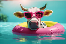 Adorable Cow Relaxing On An Inflatable Pool Float In A Swimming Pool. Generative AI