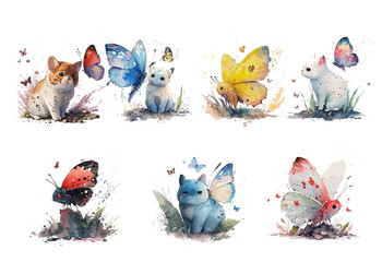 Sticker - Set with butterflies and animals in watercolor style. Isolated . Generative AI