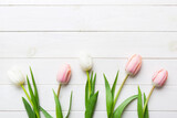 Fototapeta Tulipany - Pink and white tulips on a colored holiday frame Background. Floral spring background for March 8, birthday, mother's day. copy space top view flat lay