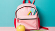 school bag or backpack school item and apple over blue backdrop or background. generative ai