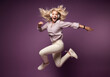 © ADDICTIVE STOCK - Full body side view of confident young woman model in trendy outfit jumping with flying hair looking at camera against violet background. Generative AI