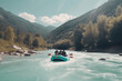 © ADDICTIVE STOCK - Generative AI illustration of distant people floating on inflatable boat in calm turquoise water surrounded by trees and hills against cloudy sky