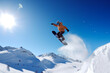 © ADDICTIVE STOCK - Generative AI illustration of distant active person jumping on snowboard above snowy mountain peaks against blue sky