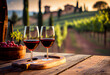 Glass of red wine on wooden board with Tuscany and italian vineyards in background. Generative AI