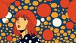 illustrated red head girl surrounded by hallucinogenic mushrooms, vivid imaginary colors mindful daydream with dotted fungus expression art style, mythical fairytale like ,generative ai 