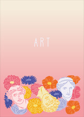 Layout with antique heads and floral background. Greek sculpture and mythology. Plaster bust of Venus and David in wild wildflowers. Vector illustration for any design.