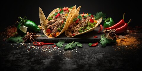 Wall Mural - Tacos filled with spicy pork are a Mexican staple. a totally dark setting. Generative AI