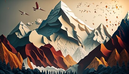 Wall Mural - Abstract background mountain in winter landscape  and sky in paper art and craft design concept.  Created using generative AI.