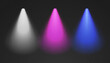 Three cone lights from top with darkened edges - white, purple and blue. Volumetric spotlight effect on dark background. Empty limelight in studio or concert scene. 3d rendering.