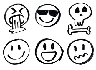 Wall Mural - Emojis, different expressions. Illustration. Afraid, confused, happy, happy, vomiting, disgusted, little skull, gloomy, crazy, peaceful. Drawing hand marker pen. Brush isolated on white background.