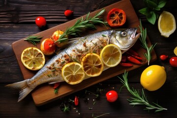 Wall Mural - Fish cooked on a wooden table with tomatoes and vegetables